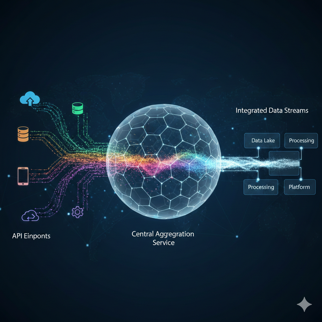 API aggregation architecture showing data flow from multiple APIs through rate limiting, normalization, and caching