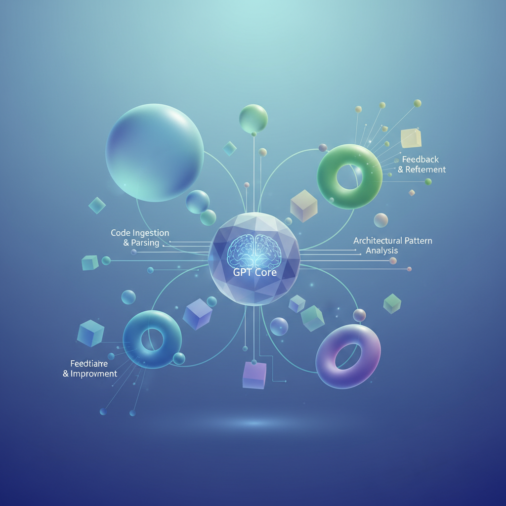 Visual: Five-component pipeline diagram of a GPT code review system