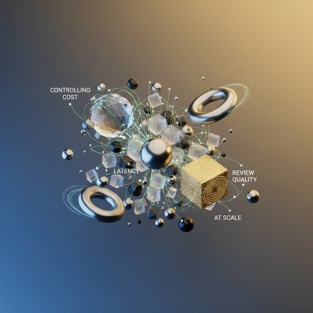 Visual: dashboard showing cost, latency, and review quality metrics over time at scale