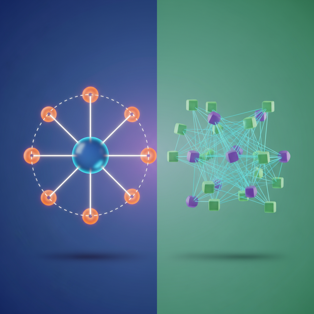 Visual: Hub-and-spoke versus mesh topology comparison showing traffic flow patterns