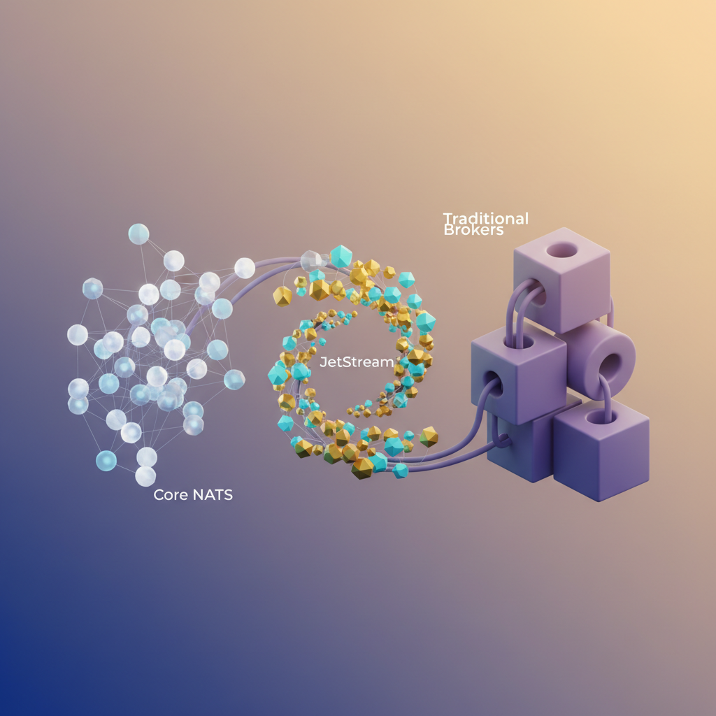Visual: comparison of core NATS fire-and-forget model versus JetStream's persistent streams with guaranteed delivery