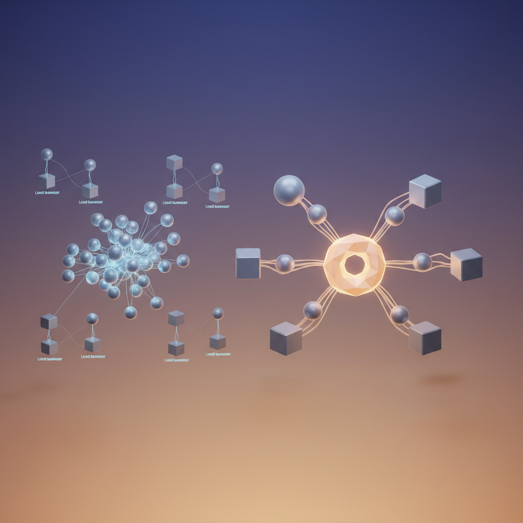Visual: Comparison of multiple LoadBalancers versus single Ingress controller architecture showing cost savings and consolidated traffic management