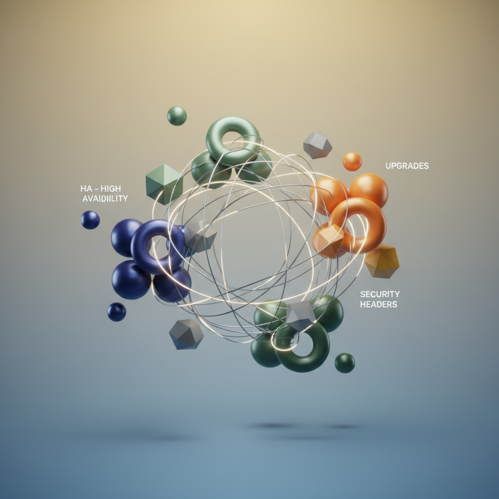 Visual: Production hardening architecture showing HA deployment across availability zones with security headers and upgrade strategies