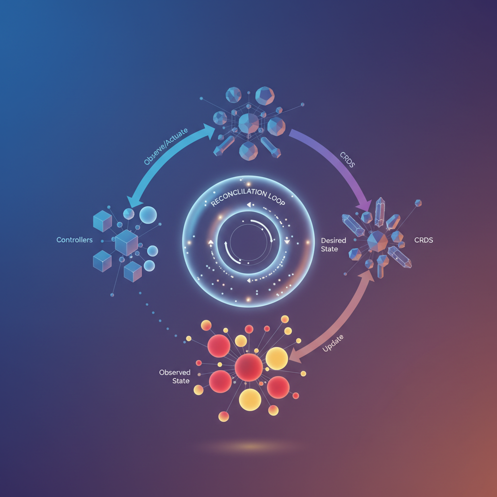Visual: The operator pattern architecture showing CRDs, controllers, and reconciliation