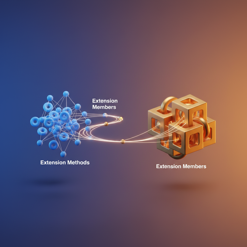 Visual: Migration strategy workflow from legacy extension methods to C# 14 extension members