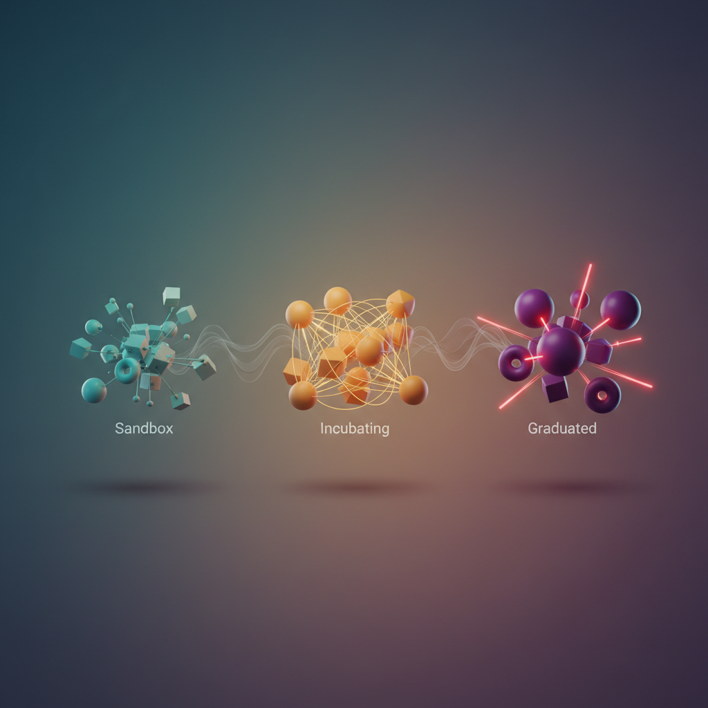 Visual: CNCF maturity ladder progression showing criteria differences between Sandbox, Incubating, and Graduated projects
