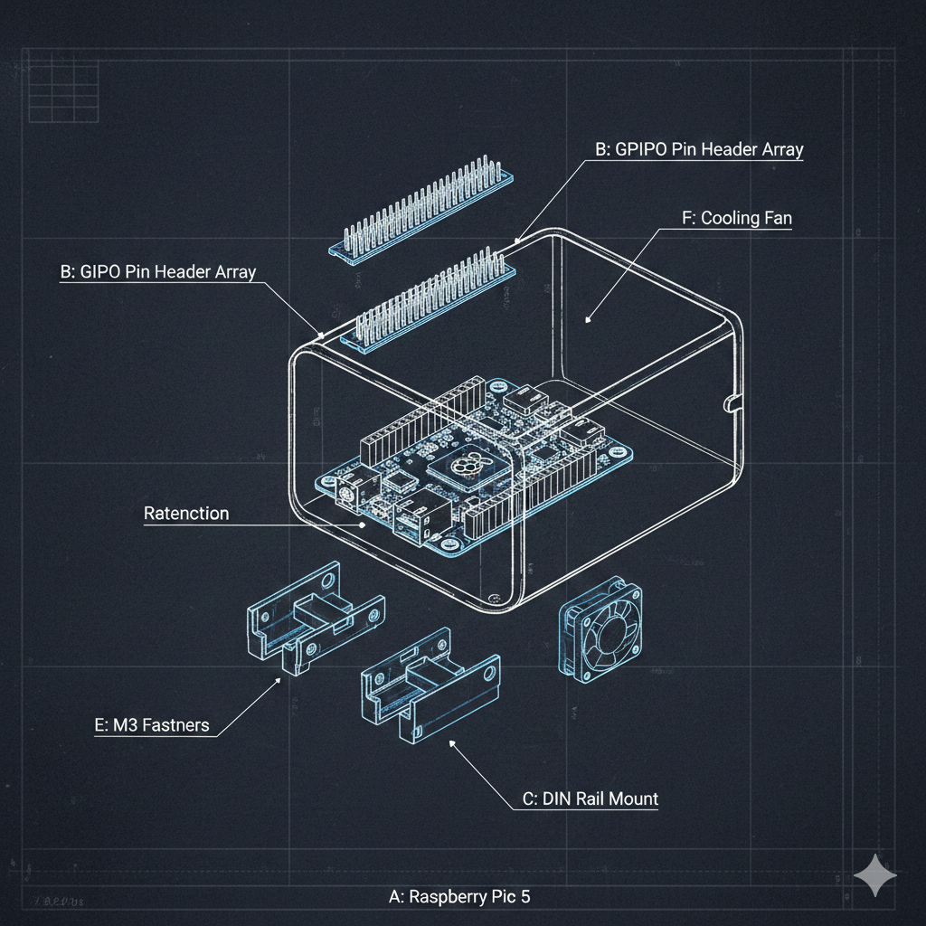 Component metadata visualization showing dimensions and mounting holes overlaid on Raspberry Pi model