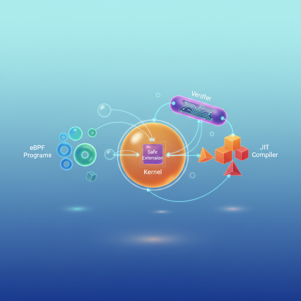 Visual: eBPF's three-stage pipeline from source code through verification to JIT-compiled execution