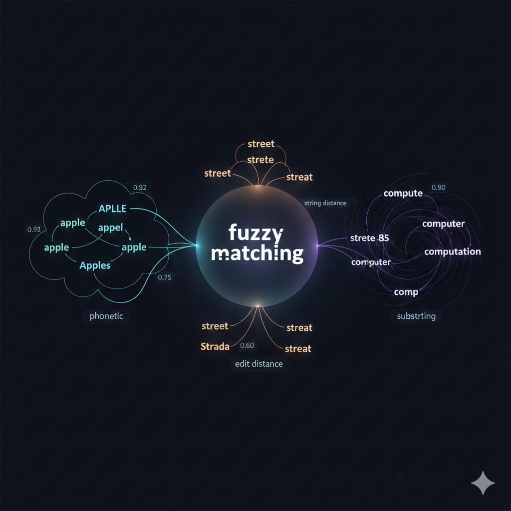 Fuzzy matching visualization showing similar strings grouped by similarity scores