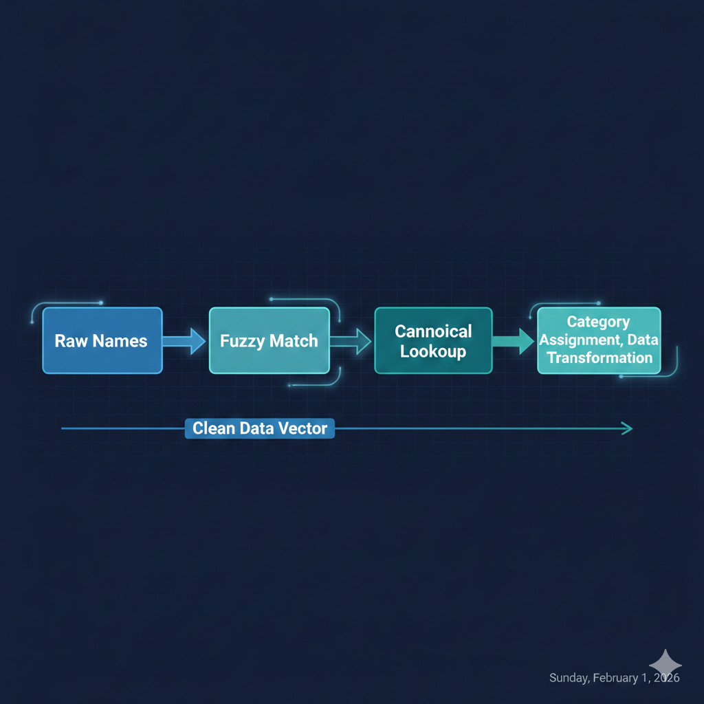 Canonical mapping flow from raw names through fuzzy matching to category assignment