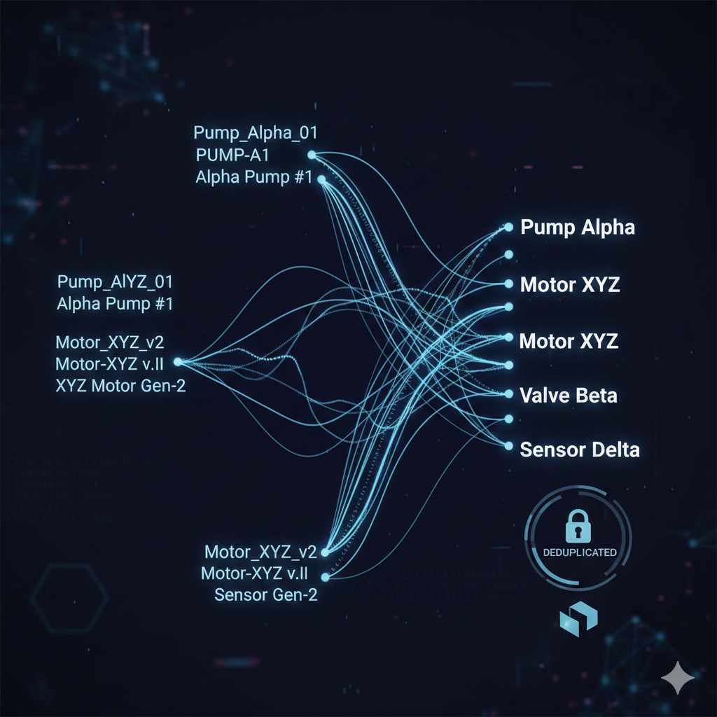 Entity resolution showing similar equipment names merged into canonical form