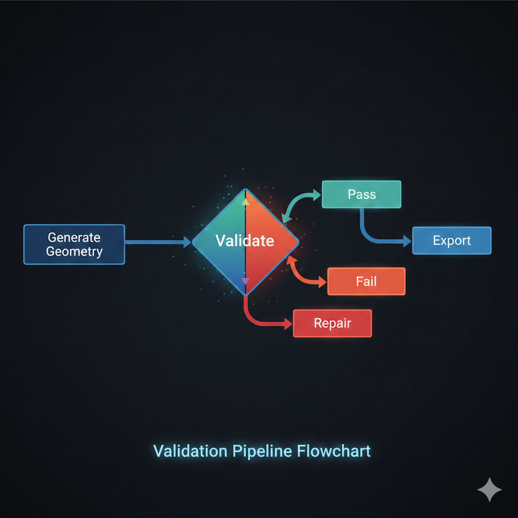Validation pipeline flowchart: Generate Geometry to Validate to Export, with Pass/Warning/Fail branches and repair loop