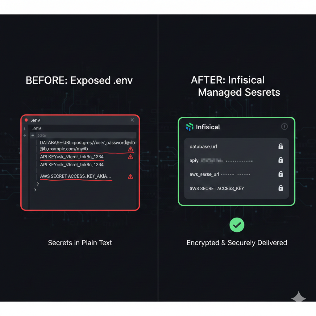 Security comparison: exposed secrets in .env files versus encrypted Infisical-managed secrets