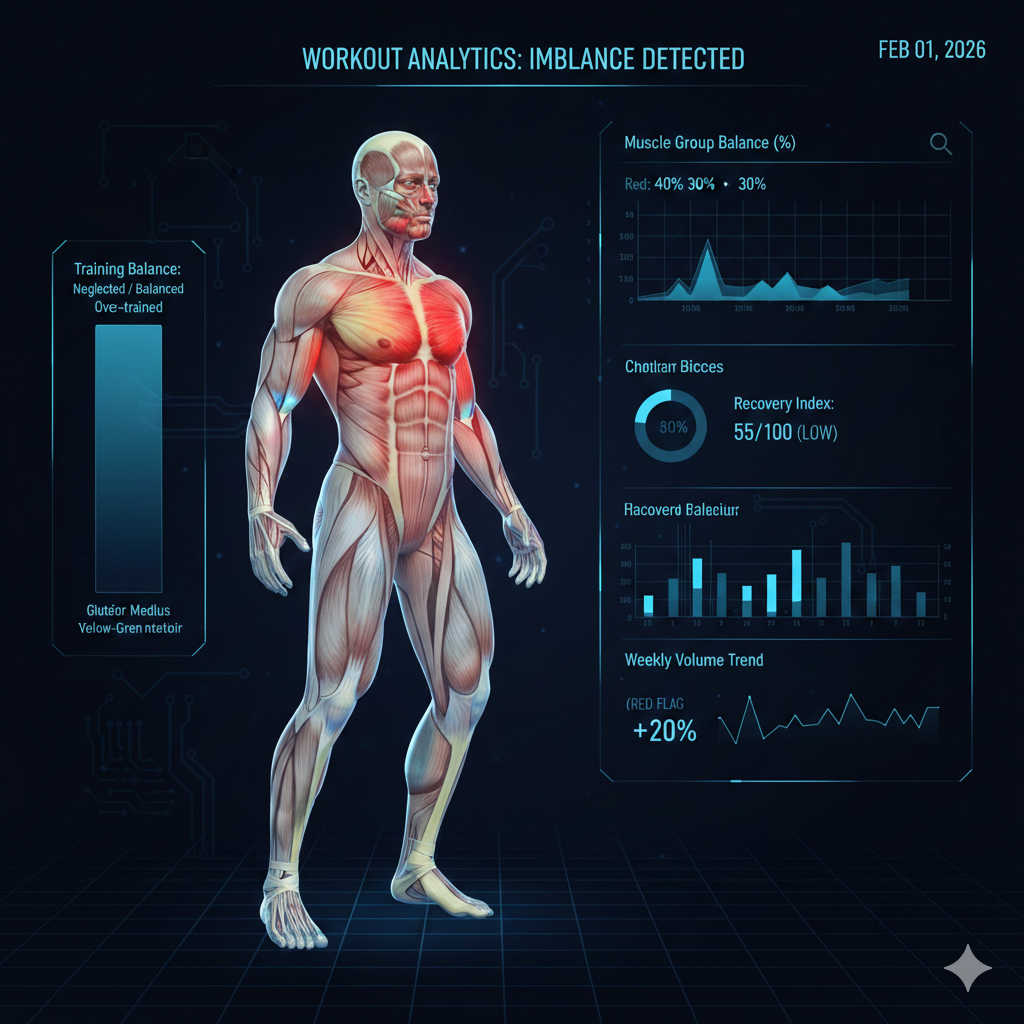 Body heatmap showing muscle activation levels with red for overworked, blue for neglected, and green for balanced