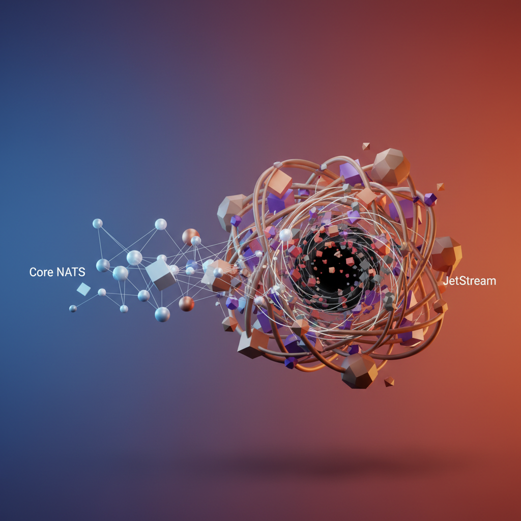 Visual: core NATS fire-and-forget vs JetStream persistent delivery model