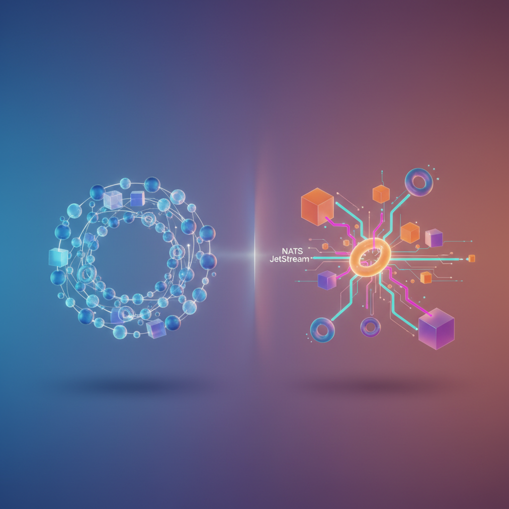 Visual: core NATS ephemeral pub/sub vs JetStream persistent stream architecture