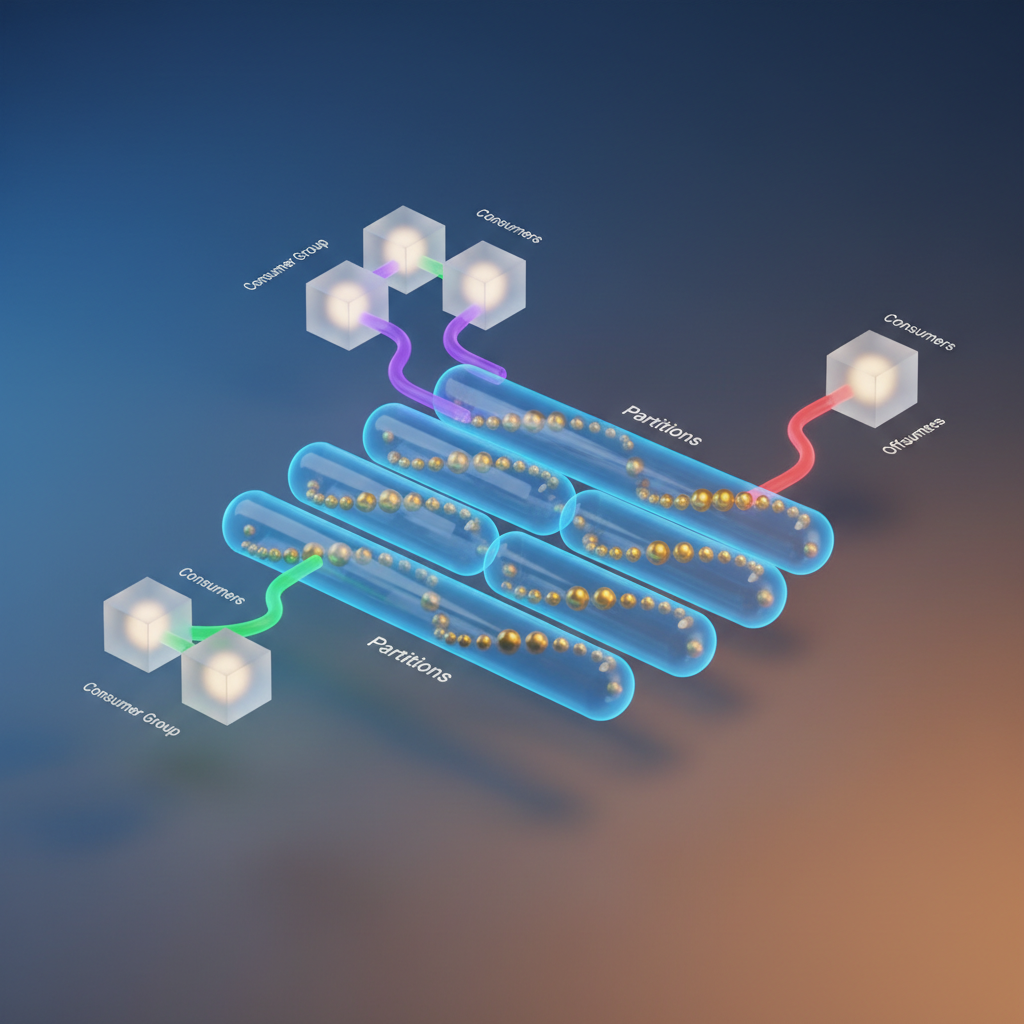 Visual: Kafka topic partitioning, offset tracking, and consumer group assignment model