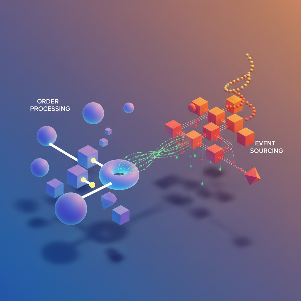 Visual: saga pattern flow diagram showing order creation, payment, inventory, and shipping steps with compensating transactions