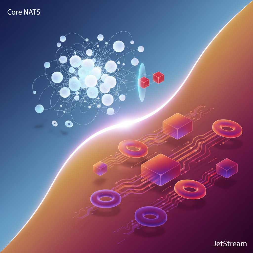Visual: diagram contrasting Core NATS fire-and-forget routing with JetStream's persistent log and consumer tracking