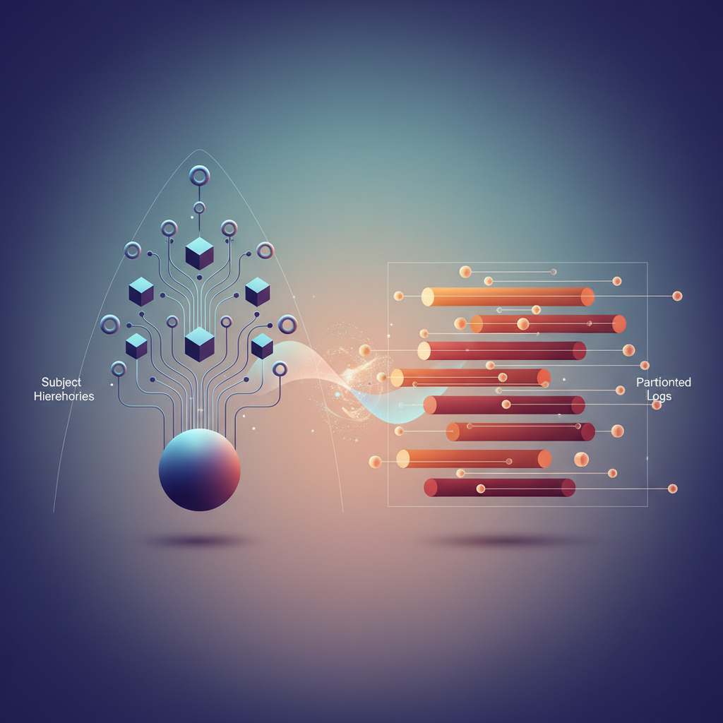 Visual: NATS subject hierarchy wildcard routing versus Kafka partitioned log offset model