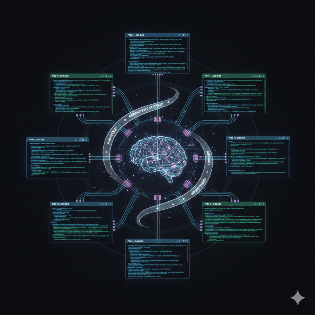Multiple design sessions connected to persistent knowledge graph, showing context preserved across time