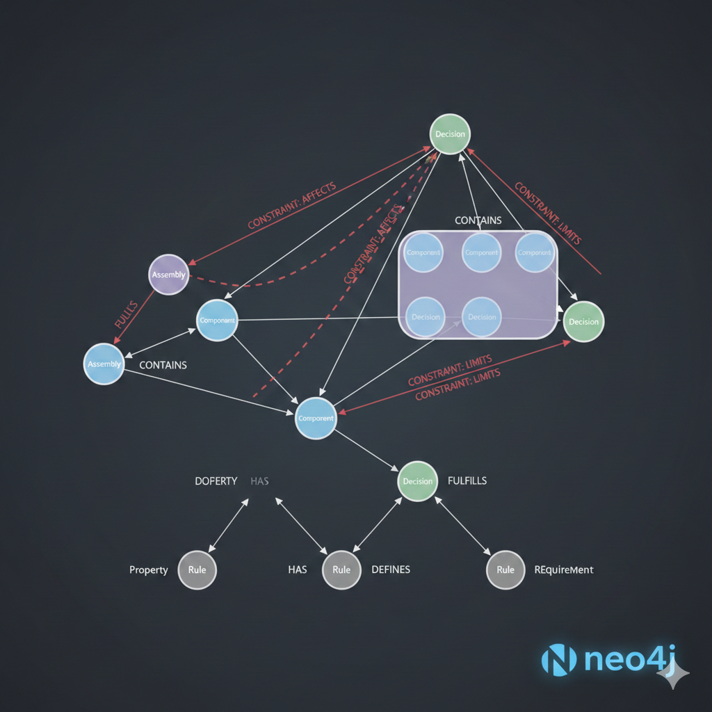 Neo4j data model with Component, Decision, Assembly, and Constraint nodes connected by typed relationships