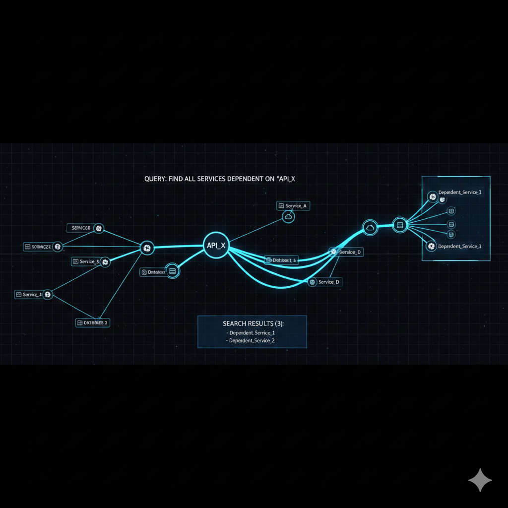 Query path through knowledge graph highlighting dependent services from a single API node