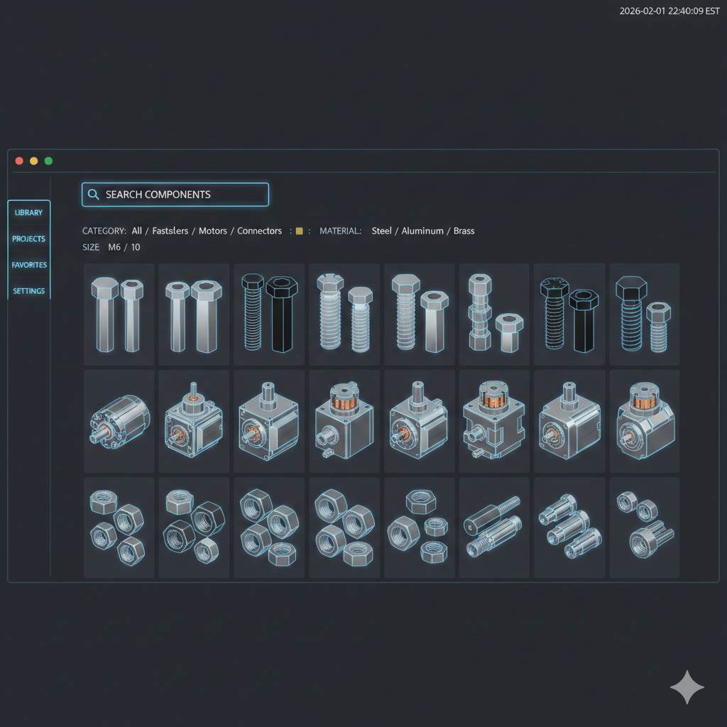 Searchable catalog of standardized CAD components including fasteners, motors, and electronic housings