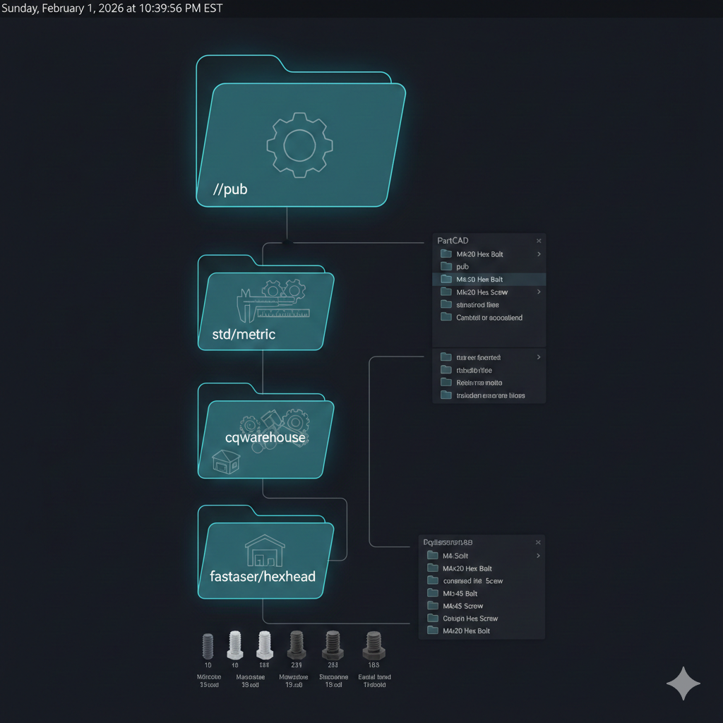 PartCAD package hierarchy tree from //pub through std/metric to individual fastener parts
