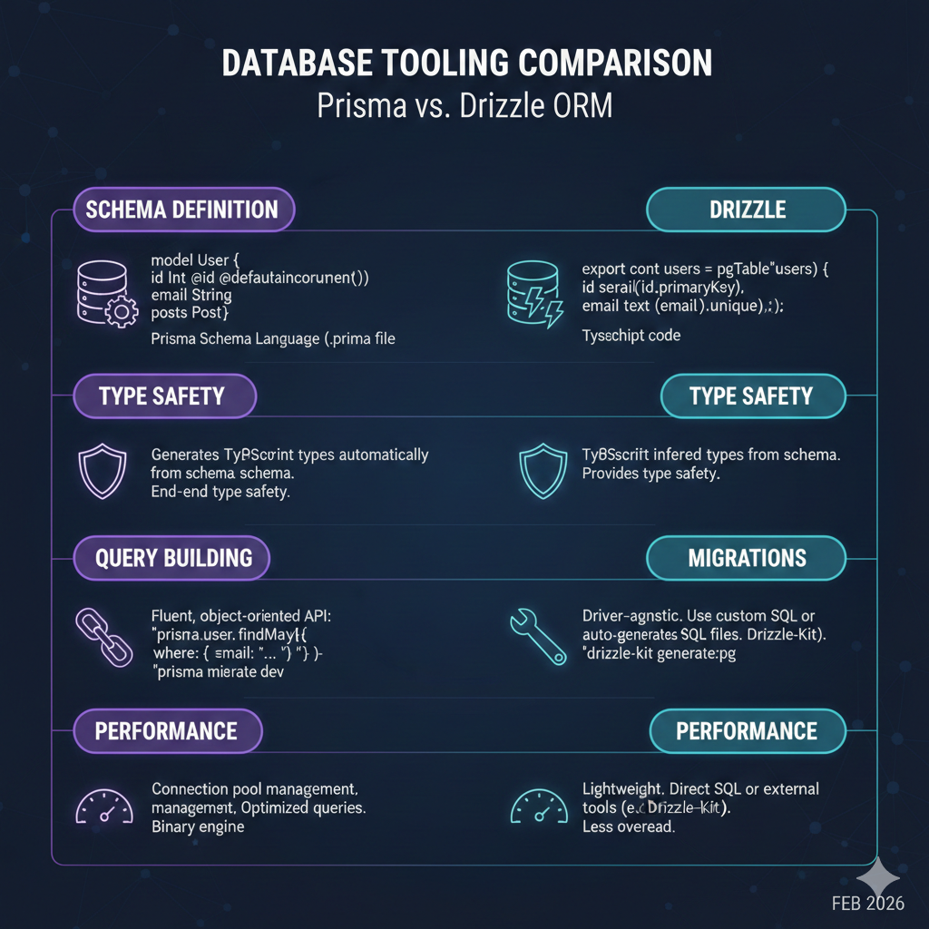 Feature comparison matrix for Prisma vs Drizzle across schema, queries, types, and performance