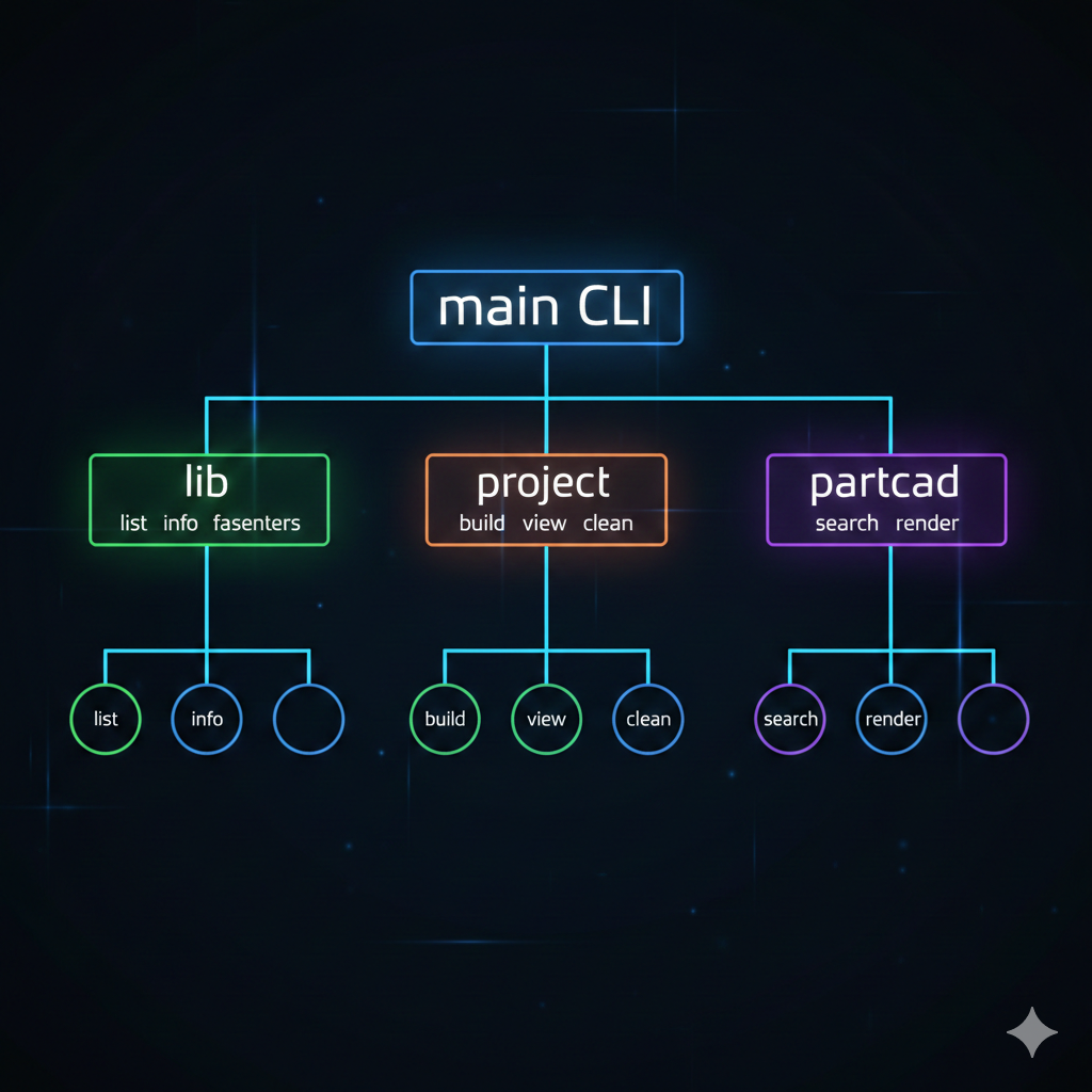 Command hierarchy: main CLI branching to lib, project, and partcad subcommand groups
