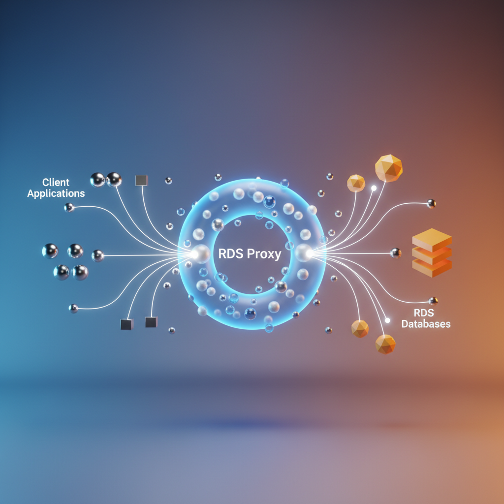 Visual: architecture diagram showing application connections multiplexing through RDS Proxy to a smaller set of physical database connections