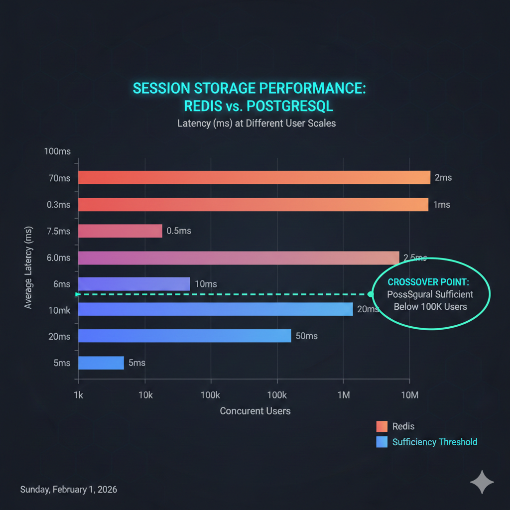 Performance comparison showing Redis vs PostgreSQL latency at different scales with crossover point