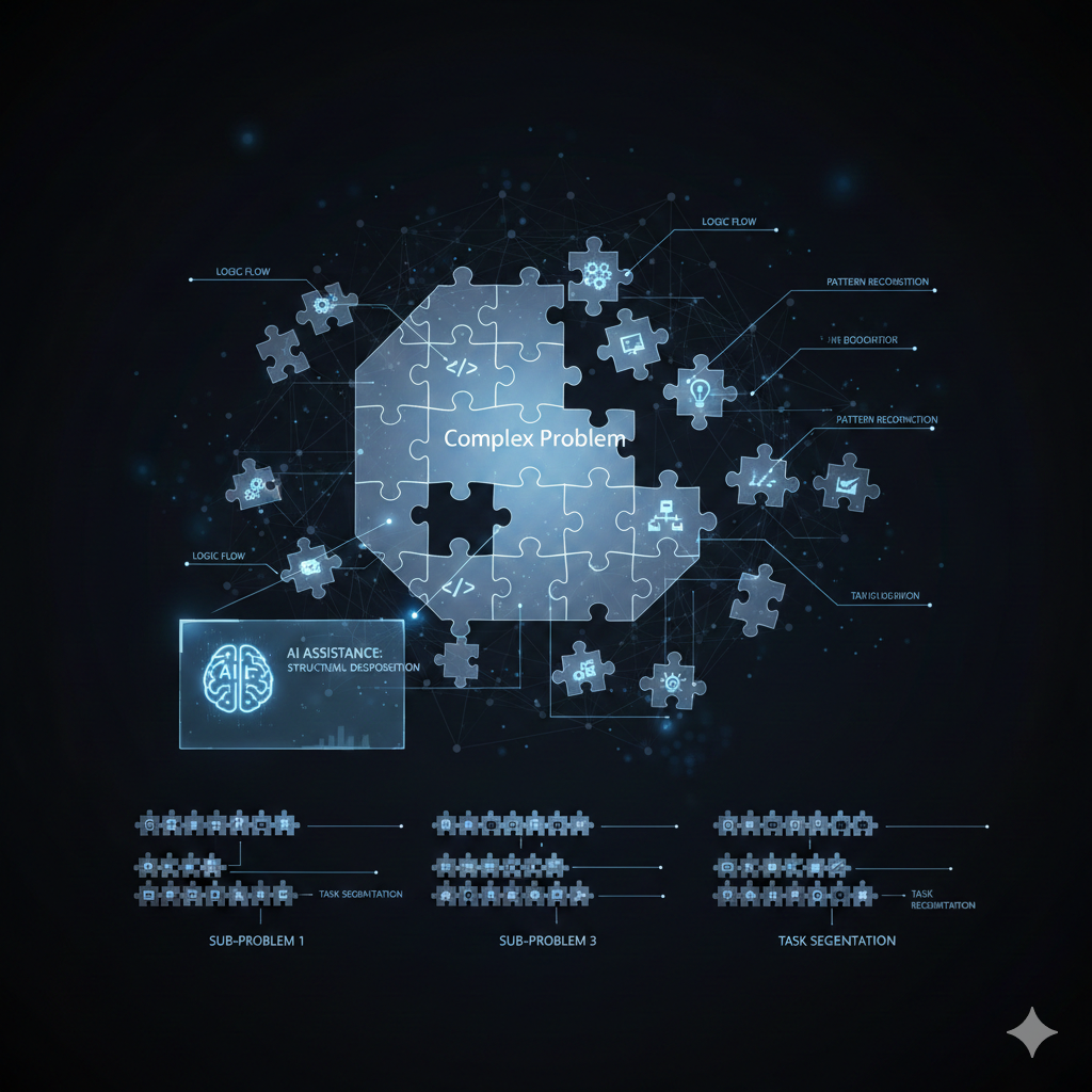 Complex problem being decomposed into smaller manageable pieces with AI assistance
