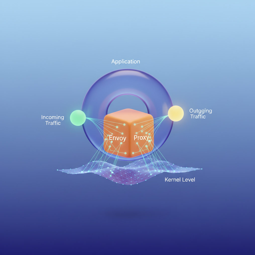 Visual: shared network namespace and iptables redirection flow between app container and Envoy sidecar