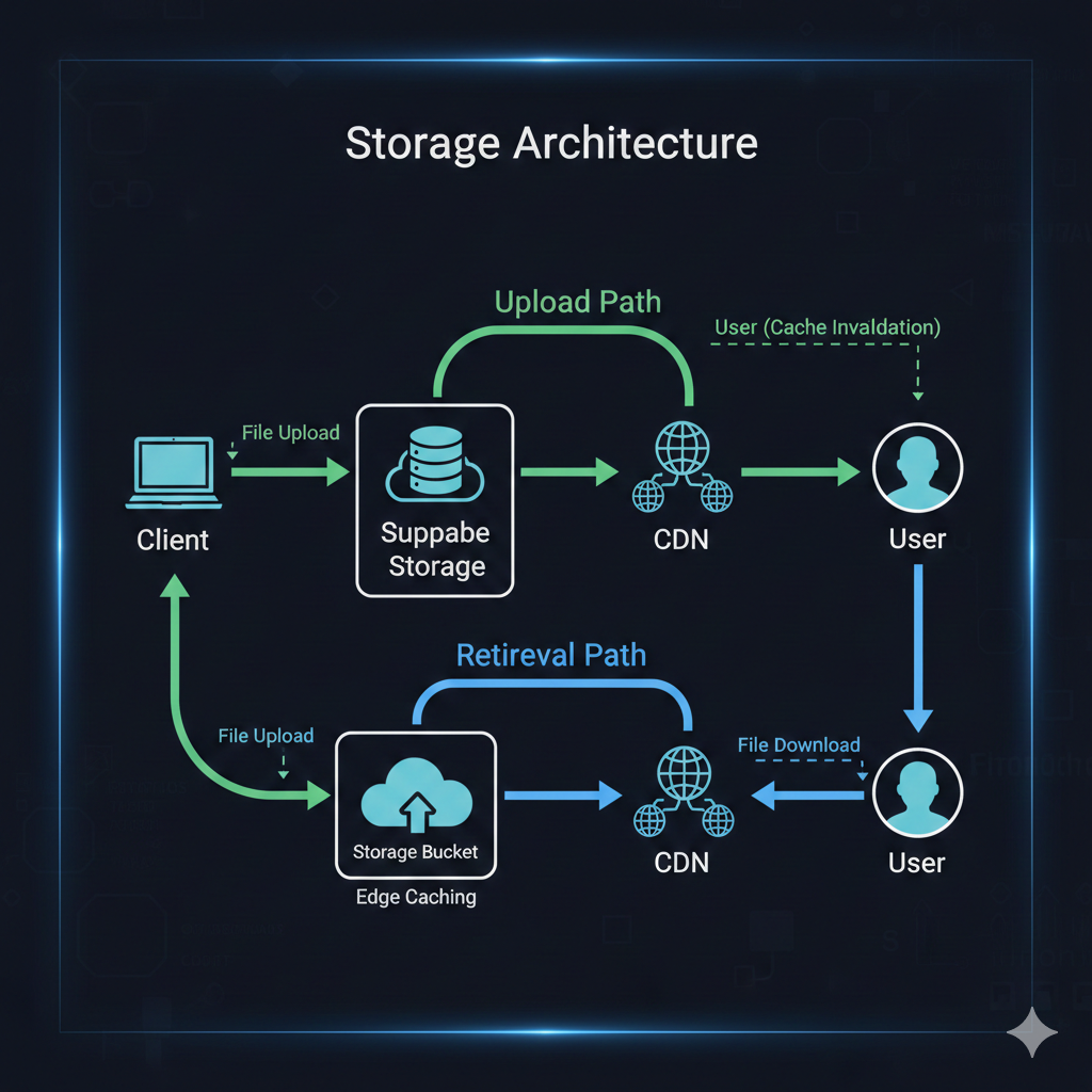 Storage architecture: Client → Supabase Storage → CDN → User with upload and retrieval paths