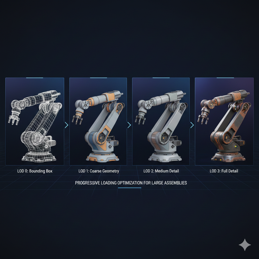 Progressive loading visualization with model detail increasing in steps using LOD