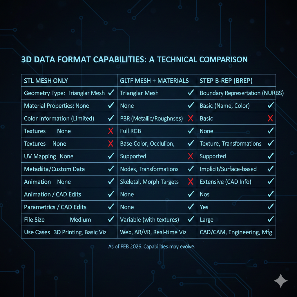 Format comparison: STL (mesh only) vs glTF (mesh + materials) vs STEP (B-rep geometry)