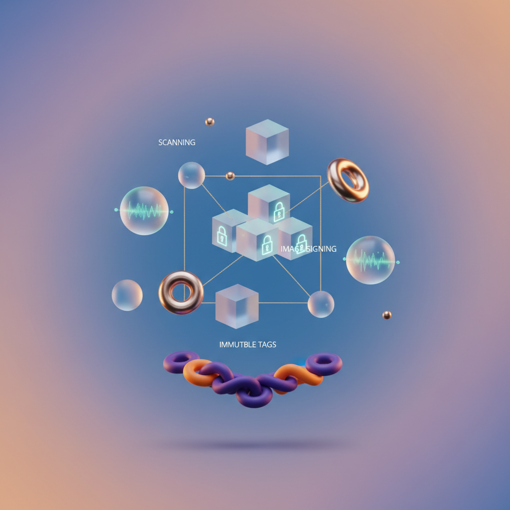 Visual: ECR security hardening layers from scan findings through immutable tags to admission webhook signature verification